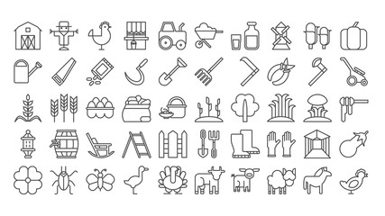 Farm icons set on white background. Harvest, dairy products, animals and gardening tools.