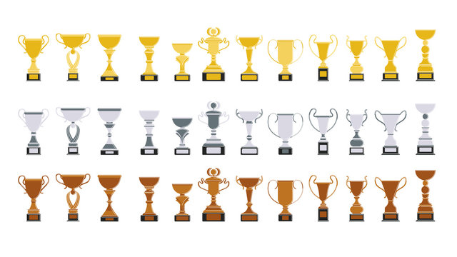 Different cups set on white background. Golden, silver and broze trophies.