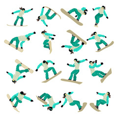 Snowboarding set on white background. Professional athlete. Extreme sport.