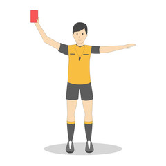 Isolated football player with red card on white background. Soccer player. Man in uniform.
