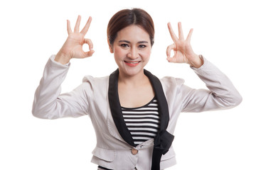 Asian business woman show double OK hand sign  and smile.