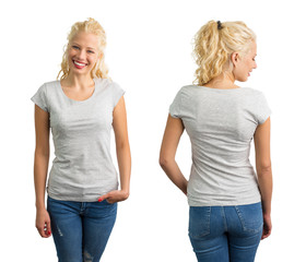 Woman in grey round neck T-shirt
