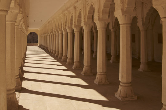 Pillared Hall inside the historic Nagaur Fort and Palace complex in Rajasthan, India. Buildings date from 16th -18th centuries. 