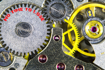 clockwork old mechanical  high resolution with words Time No Tim