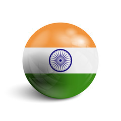 Realistic ball with flag of India. Sphere with a reflection of the incident light with shadow.
