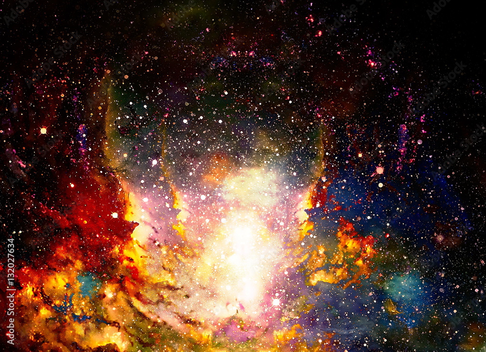 Poster cosmic space and stars, color cosmic abstract background. fire effect in space.
