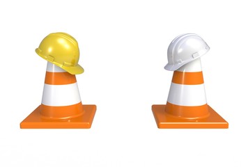 Traffic cones and hardhat. Road sign. Icon isolated on white background