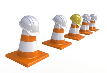 Traffic cones and hardhat. Road sign. Icon isolated on white background