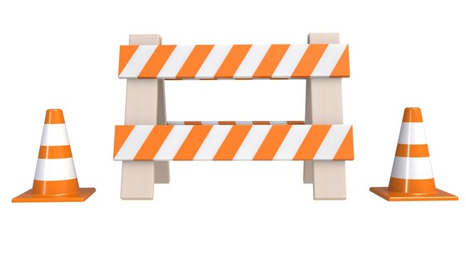 Traffic Cones And An 'under Construction' Barrier Isolated On A White Background. Under Construction Concept. Road Warning Sign.