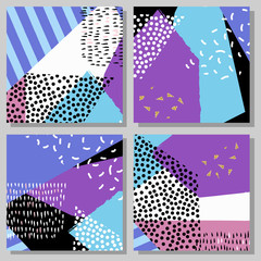 Set of artistic colorful universal cards. Cute style. Wedding, anniversary, birthday, holiday, party. Design for poster, card, invitation. Vector illustration