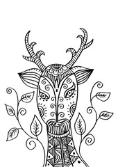 Doodle deer head illustration decorated