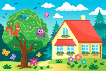 Obraz na płótnie Canvas Tree with animals near house