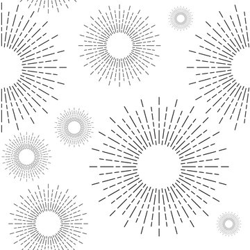 Sunshine rays seamless pattern in vintage style. Sunburst linear drawing texture. Retro stylized symbols of sun continuous background. Sunlight outline vector art in black and white colors.