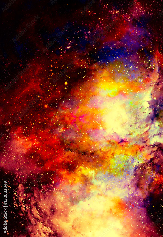 Poster cosmic space and stars, color cosmic abstract background. fire effect in space.