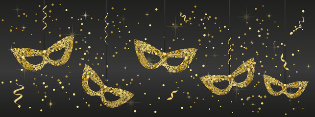 Carnival party banner with golden masks on dark background