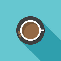 Porcelain Cup Of Coffee With Beans And Long Shadow