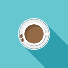 Porcelain Cup Of Coffee With Beans And Long Shadow