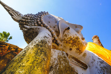 Reclining Buddha at Wat Yai Chai Mongkhon Old Temple in Ayutthaya Historical Park Thailand.