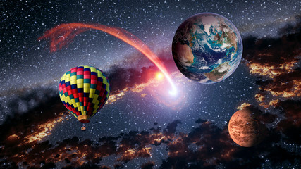 Hot air balloon outer space shooting star planet fairy tale stunning surreal fantasy landscape. Elements of this image furnished by NASA.