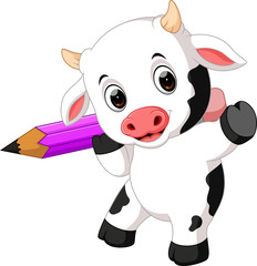 Cute baby cow holding pencil

