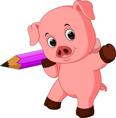 Cute pig holding pencil

