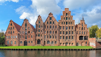 Salzspeicher (salt storehouses), six historic brick buildings on the Upper Trave River in Lubeck, Germany