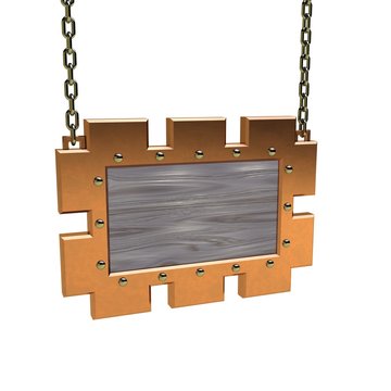 Blank wooden signboard with metallic border hanging on chain.
