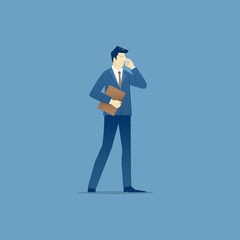 Business illustration of businessman character moving during cell phone talk. Vector concept for banners, infographics or landing pages of website