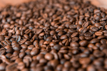 Coffee beans on wood background