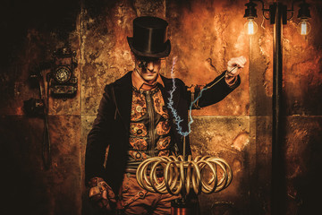 Fototapeta na wymiar Steampunk man with Tesla coil on vintage steampunk background
