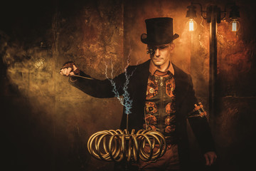 Steampunk man with Tesla coil on vintage steampunk background