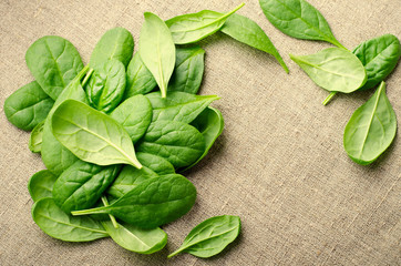 Fresh Baby spinach leaves on sackcloth background. Top view with copy space. Healthy, Ecology...