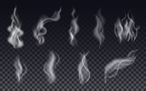 Realistic cigarette smoke waves or steam on transparent background.