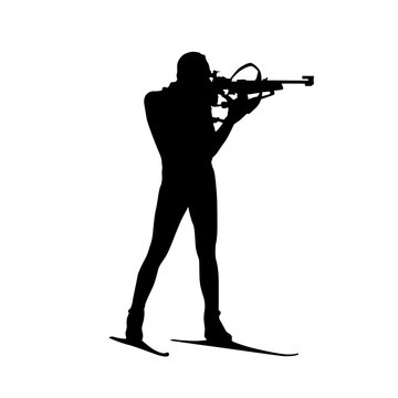 Biathlon athlete shoots standing, isolated vector silhouette