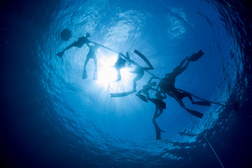 Fototapeta na wymiar Free divers on the ocean's surface preparing to descend to the depth
