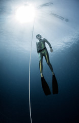 Underwater shot of the ascending free diver. Free immersion discipline