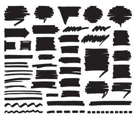 Set of black marker stripes, strokes, shaded speech bubbles and lines isolated on white. Hand drawn by felt pen vector symbols in eps8. - obrazy, fototapety, plakaty