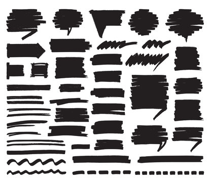 Set of black marker stripes, strokes, shaded speech bubbles and lines isolated on white. Hand drawn by felt pen vector symbols in eps8.