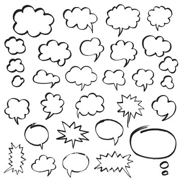 Set of speech bubbles and thought clouds. Black shapes isolated on white. Hand drawn by felt pen vector symbols in eps8.