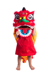 Asian Chinese little girl with Lion Dance costume