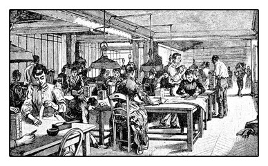 Women working in the shipping and delivery office of a newspaper, vintage engraving