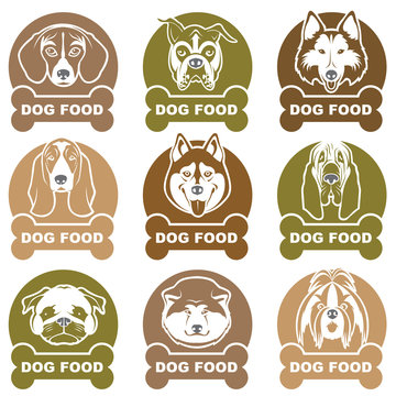 collection of various food labels with dogs heads