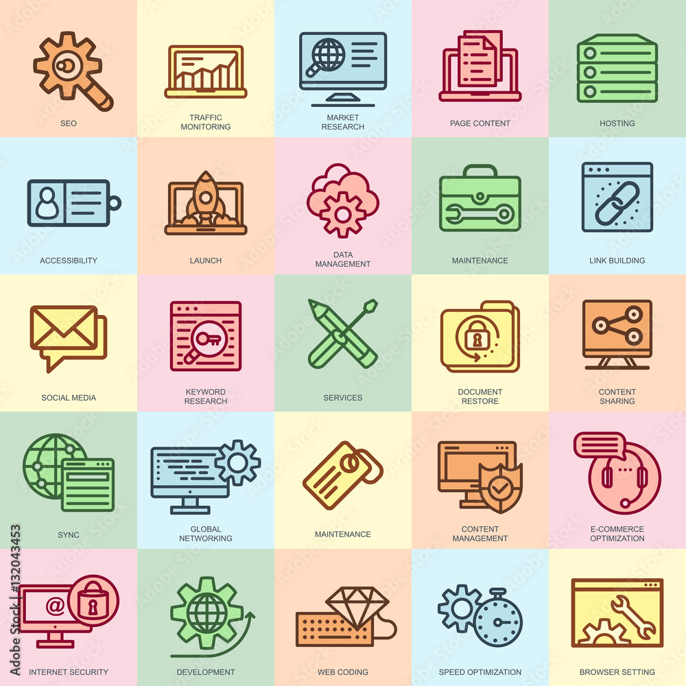 Aufkleber thin line seo and development icons set