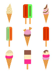 Set of Ice Cream Flat Icon. Colorfull design element. Retro label for Ice Cream Logos. Summer isolated badges. Vector Illustration.