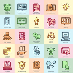 Thin line online education, e-learning, e-book icons set
