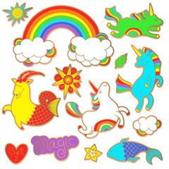Fashion badge elements in cartoon 80s-90s comic style. Set modern trend doodle pop art sketch.