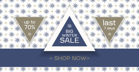 Winter sale social network banner white with snow background, snowflakes and discount.