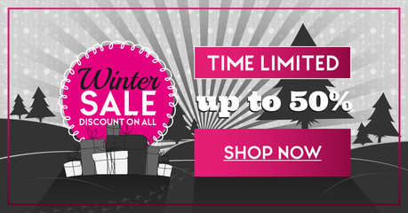 Winter sale social network banner pink and black with snow background, snowflakes, tree and discount.