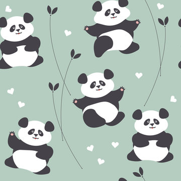 Childish seamless pattern with cute panda, hearts and plants