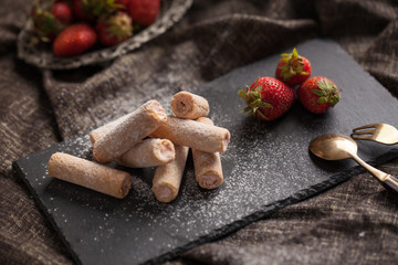 Strawberry cut snack filling strawberry cream decorated with fresh strawberry fruit
